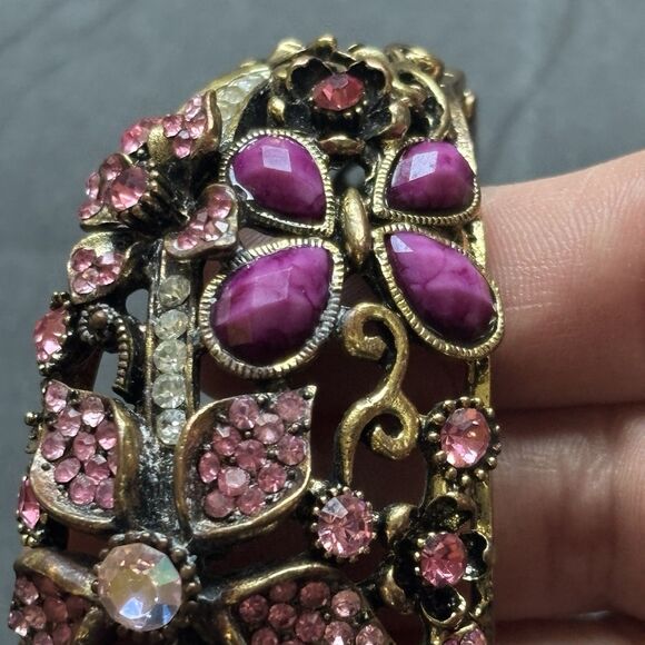 Vintage Mid Century Floral Rhinestone Clamper Bracelet Purple Pink Jewelry - Picture 7 of 16